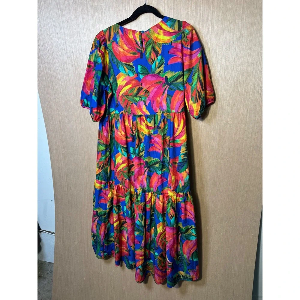 Farm Rio Womens Blue Tropical Banana Print Tiered Cotton Midi Dress Large 297331 - Picture 6 of 6